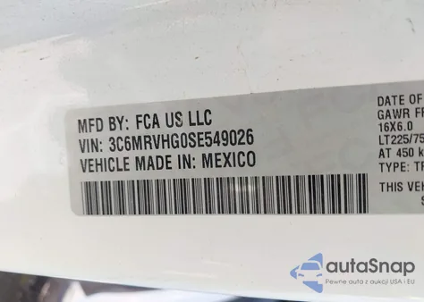 2025 Ram Promaster 3500 Tradesman High Roof 159 Wb W/Pass Seat z USA, uszkodzony, nr VIN 3C6MRVHG0SE549026